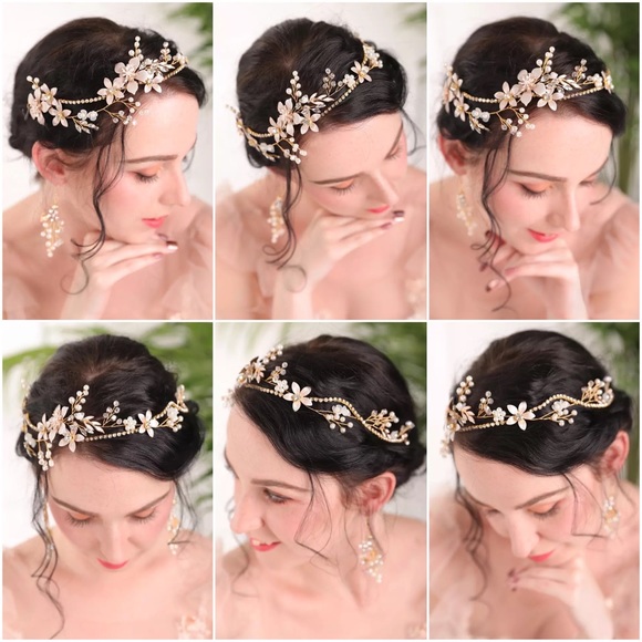 Romantic Rose Gold Flower Crystal Pearl Tiara Headdress - Picture 4 of 16